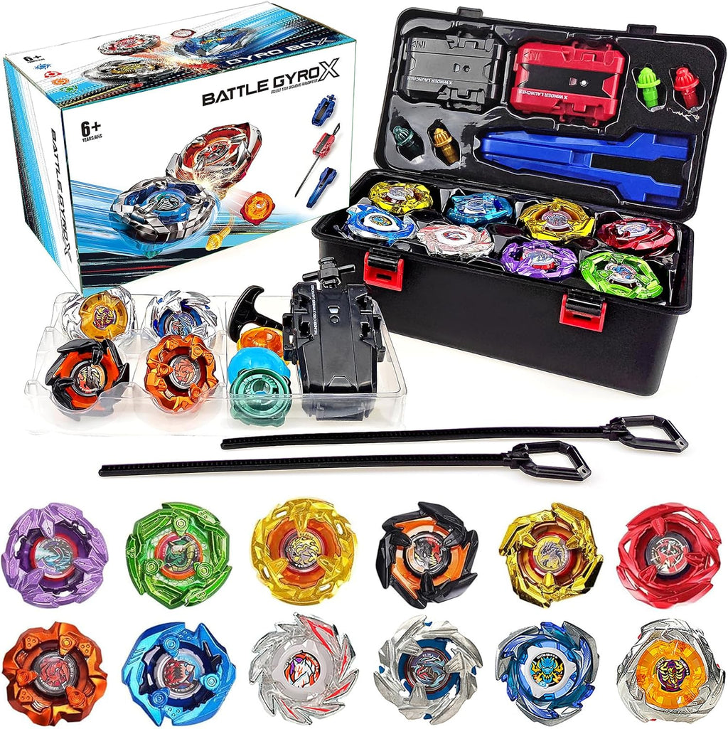 X Battling Tops Set, 12 tops giratorios derechos, 3 lanzadores y 1 agarre con estuche de almacenamiento portátil, juego Gyro Battle Arena regalo para niños y niñas a partir de 6 años