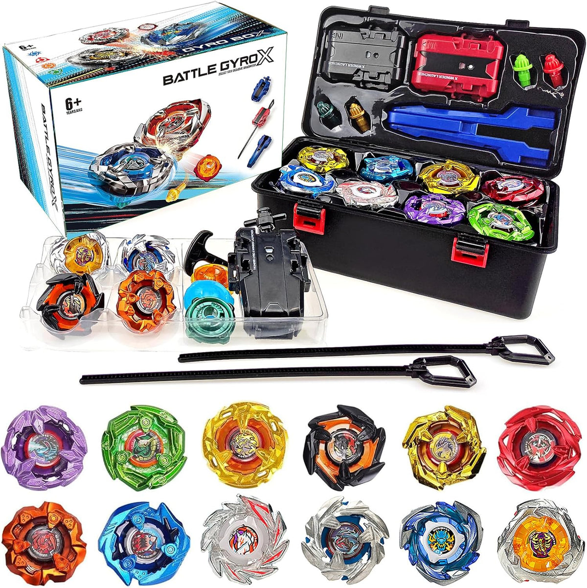 X Battling Tops Set, 12 tops giratorios derechos, 3 lanzadores y 1 agarre con estuche de almacenamiento portátil, juego Gyro Battle Arena regalo para niños y niñas a partir de 6 años