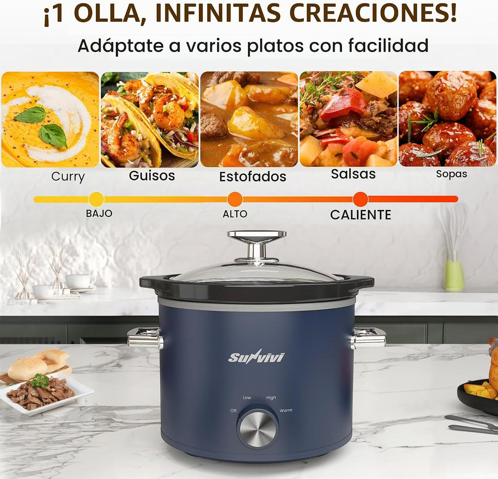 Sunvivi Olla de cocción lenta de 2 cuartos de galón, pequeña olla de cocción lenta con olla de cerámica extraíble, calentador de alimentos con 3 ajustes de calefacción y tapa de vidrio apta para