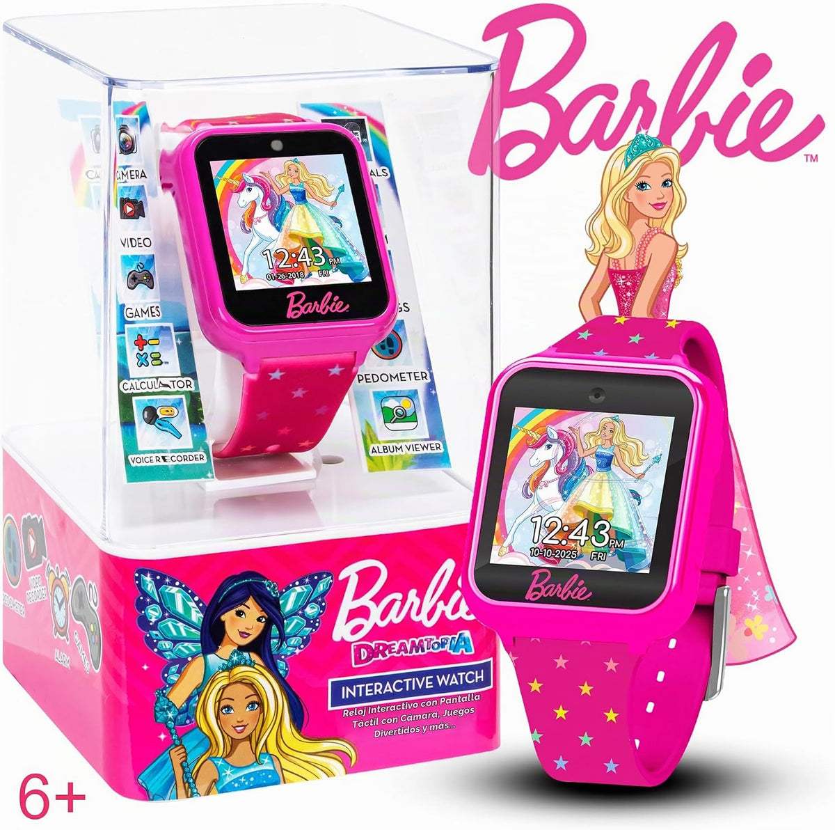 Barbie - Reloj inteligente para niños, pantalla táctil interactiva con juegos, cámara selfie, rastreador de pasos, alarma y elegante correa de silicona impresa, se adapta a muñecas de 5.5 a 8.5 pulgadas