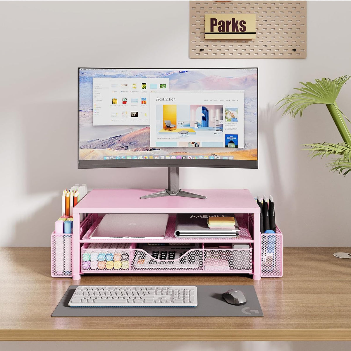 Lámpara Organizador de escritorio y accesorios, soporte elevador de monitor de computadora de 2 niveles con cajón y 2 soportes para bolígrafos, soporte para laptop, accesorios de escritorio de oficina