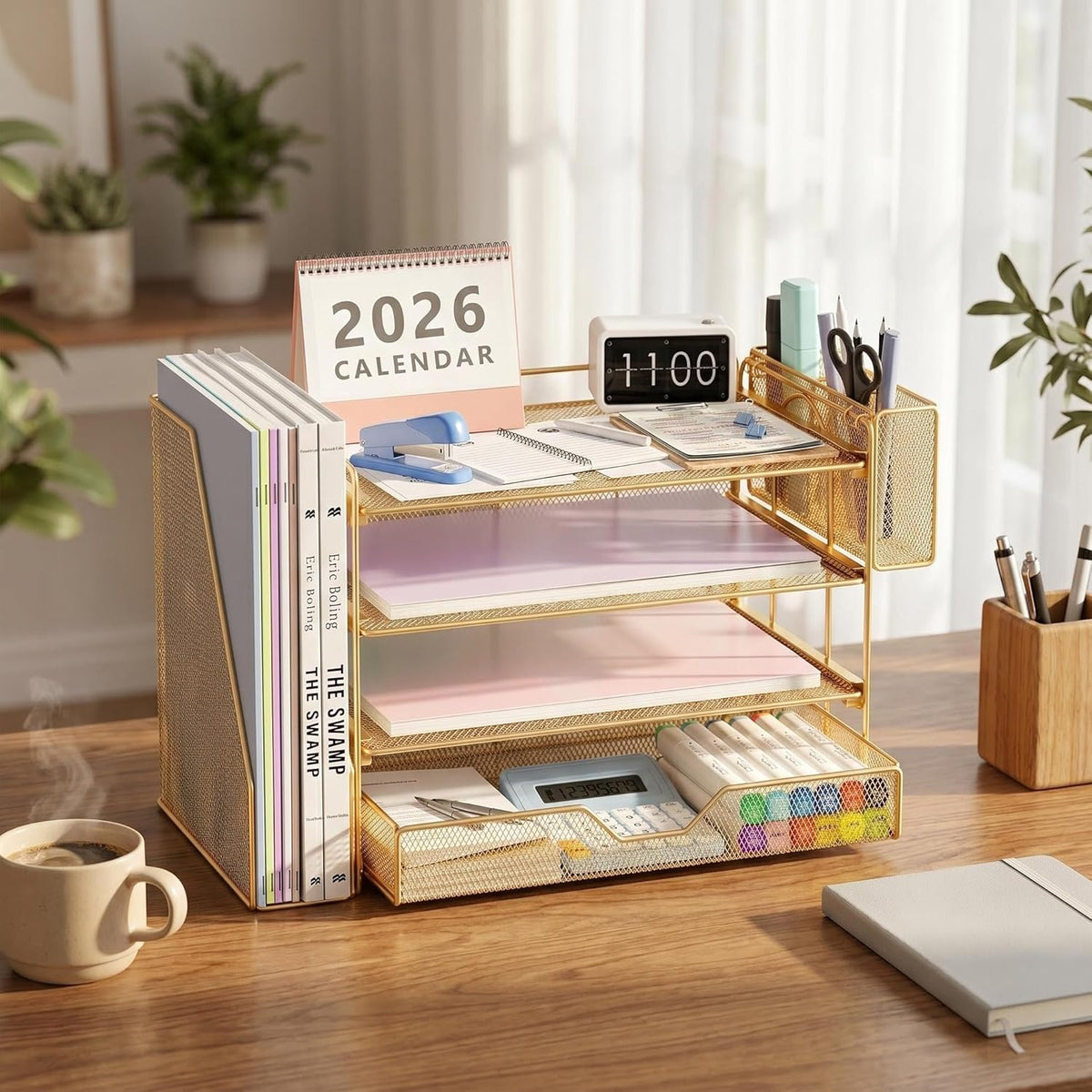 Organizadores y accesorios de escritorio, organizador de archivos de escritorio de 4 niveles con cajón y soportes para bolígrafos, accesorios de escritorio de oficina, organizadores de espacio