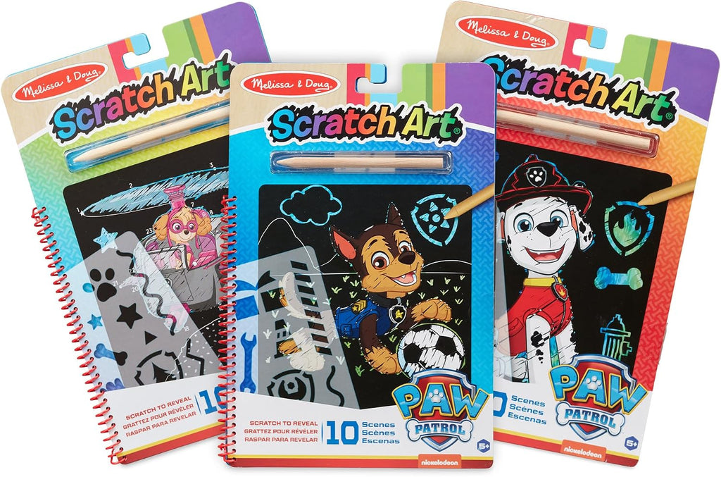 Melissa & Doug PAW Patrol Scratch Art - Paquete de 3 almohadillas de actividades de viaje Chase, Skye, Marshall Color Reveal