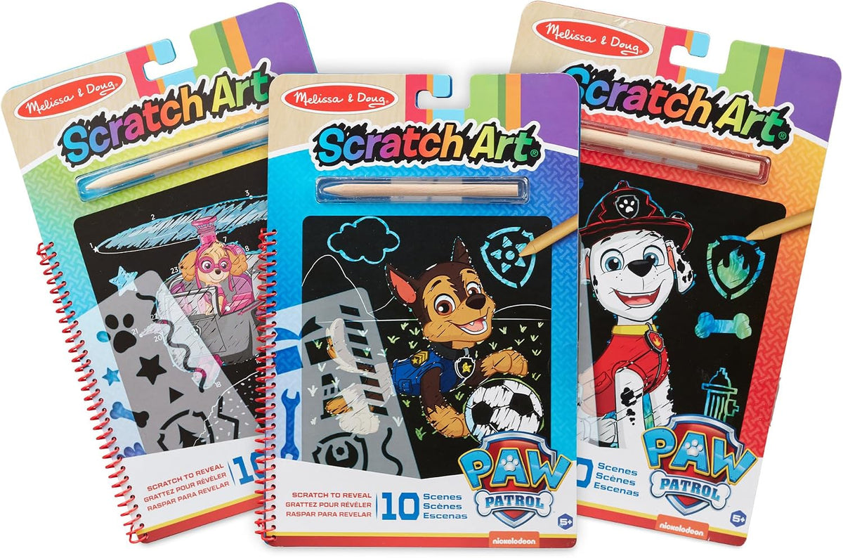 Melissa & Doug PAW Patrol Scratch Art - Paquete de 3 almohadillas de actividades de viaje Chase, Skye, Marshall Color Reveal