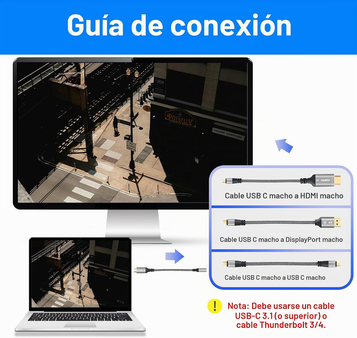 Adaptador HDMI activo a USB C con cable USB C 4K@60Hz, unidireccional