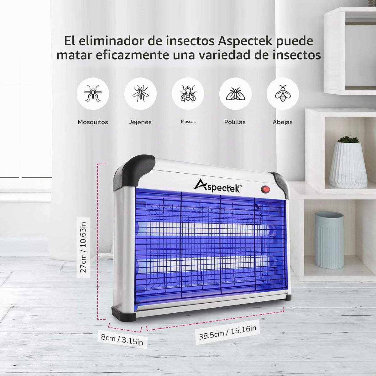 Lámpara ASPECTEK Exterminador eléctrico de insectos, bombillas UV de 20 W, control de mosca, mosquitos, mosquitos y polillas, uso en interiores y exteriores cubiertos para el hogar, garaje, patio y granja