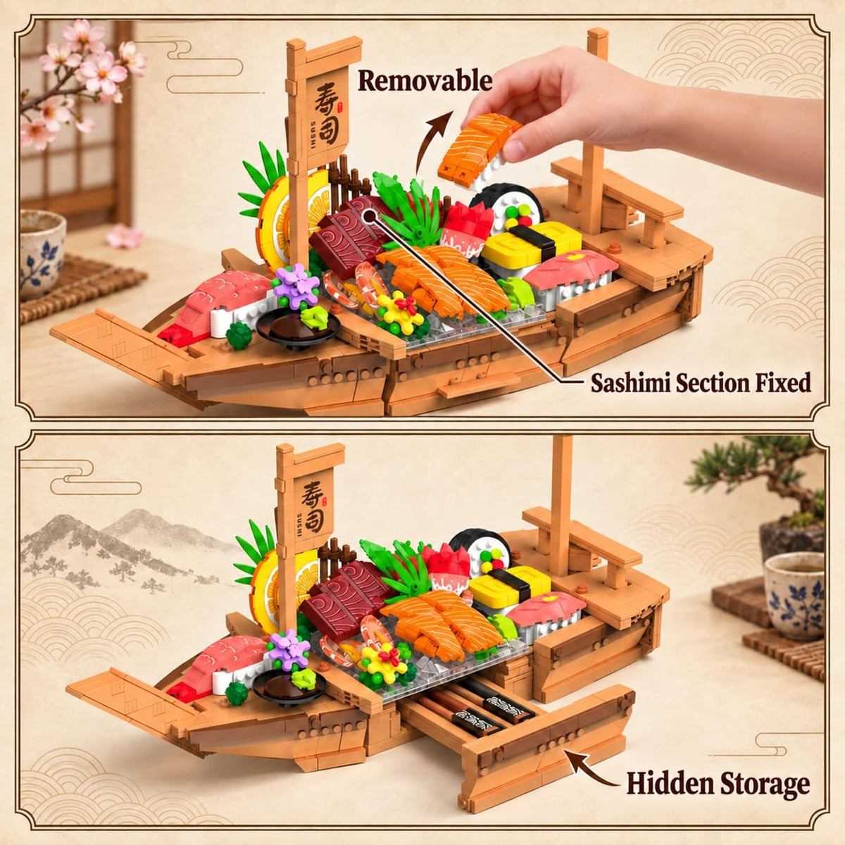 Juego de bloques de construcción de barco de sushi japonés grande