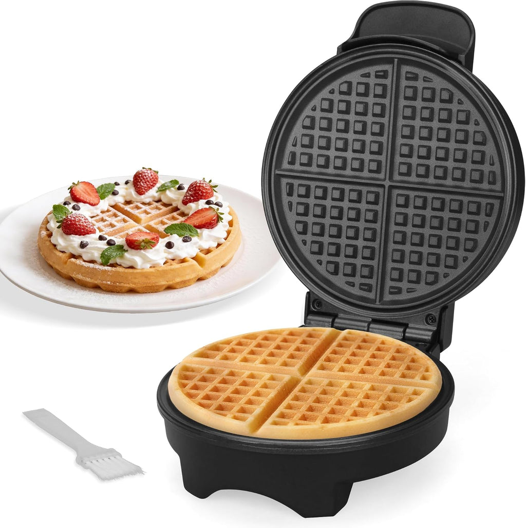 FineMade Máquina para hacer gofres clásica de 7 pulgadas, waflera belga con placas antiadherentes de cerámica sin PFAS, waflera eléctrica, waflera fina crujiente, plancha para gofres redonda, grafito