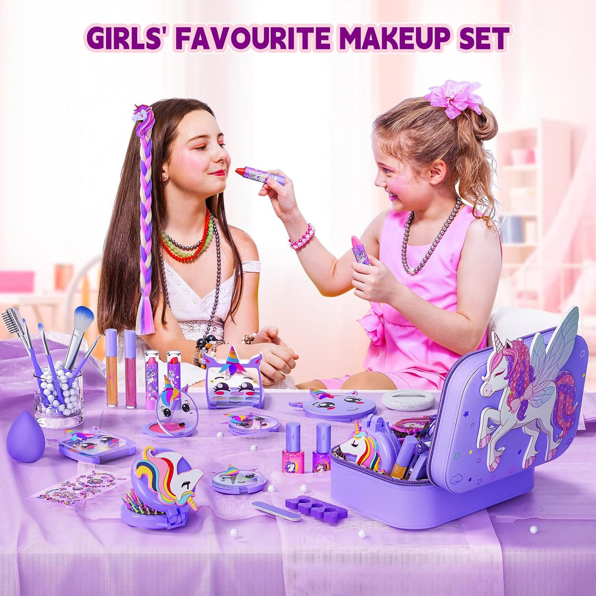 Kit de maquillaje para niñas – Kit de maquillaje para niñas, juego de cosméticos lavables reales con estuche de almacenamiento, juego de maquillaje para niños para regalo de Navidad y cumpleaños de 3, 4, 5, 6, 8, 10, 11, 12 años, morado