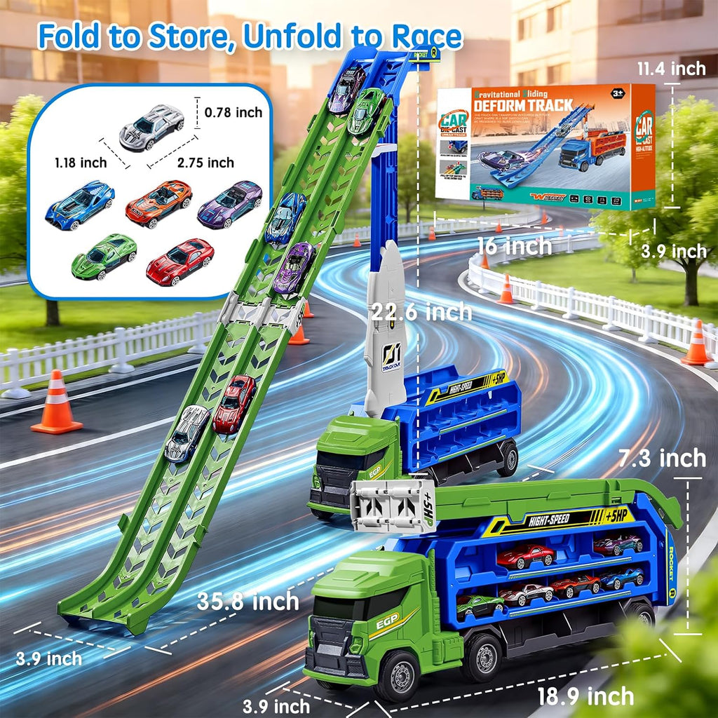 Camión de carreras de juguete para niños de 3 a 5 años - Camión transportador de automóvil 4 en 1 con 2 pistas de carreras plegables, juego de vehículos de transporte con 6 autos fundidos a presión