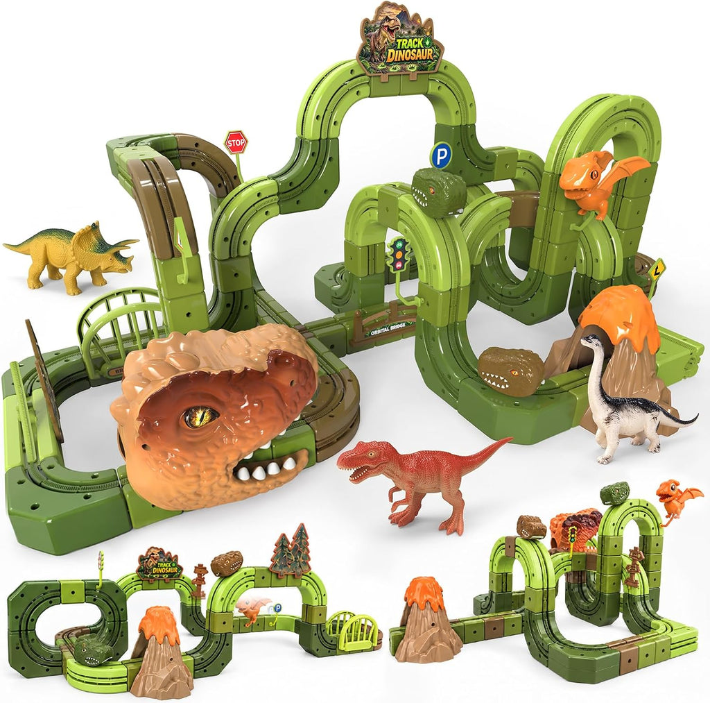 Juego de tren de dinosaurio eléctrico de 133 piezas, pista de carreras de