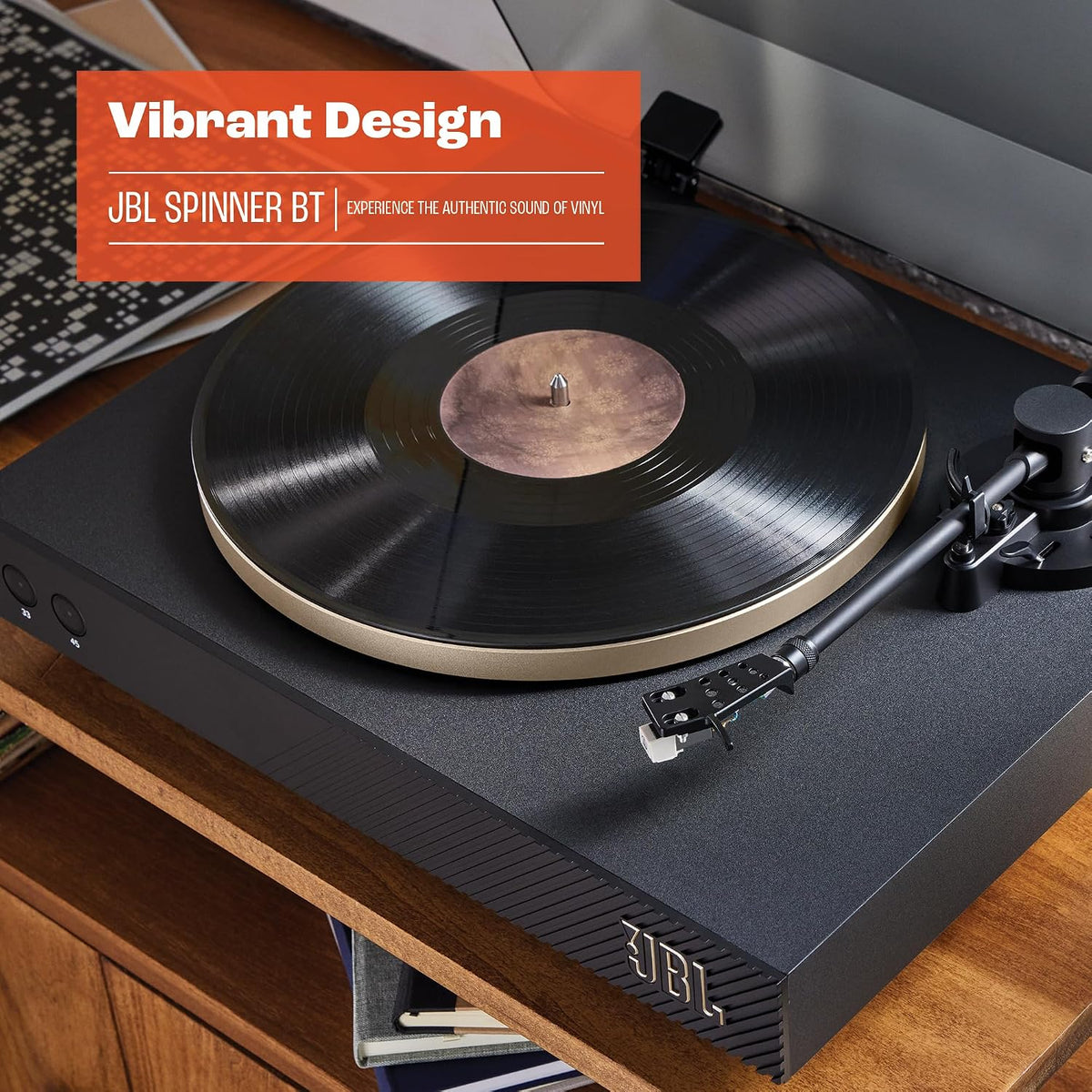 JBL Spinner BT - Bluetooth con tocadiscos AptX-HD™, componentes, carcasa extraíble, bandeja de aluminio y transmisión por correa, cartucho magnético móvil preinstalado (dorado)