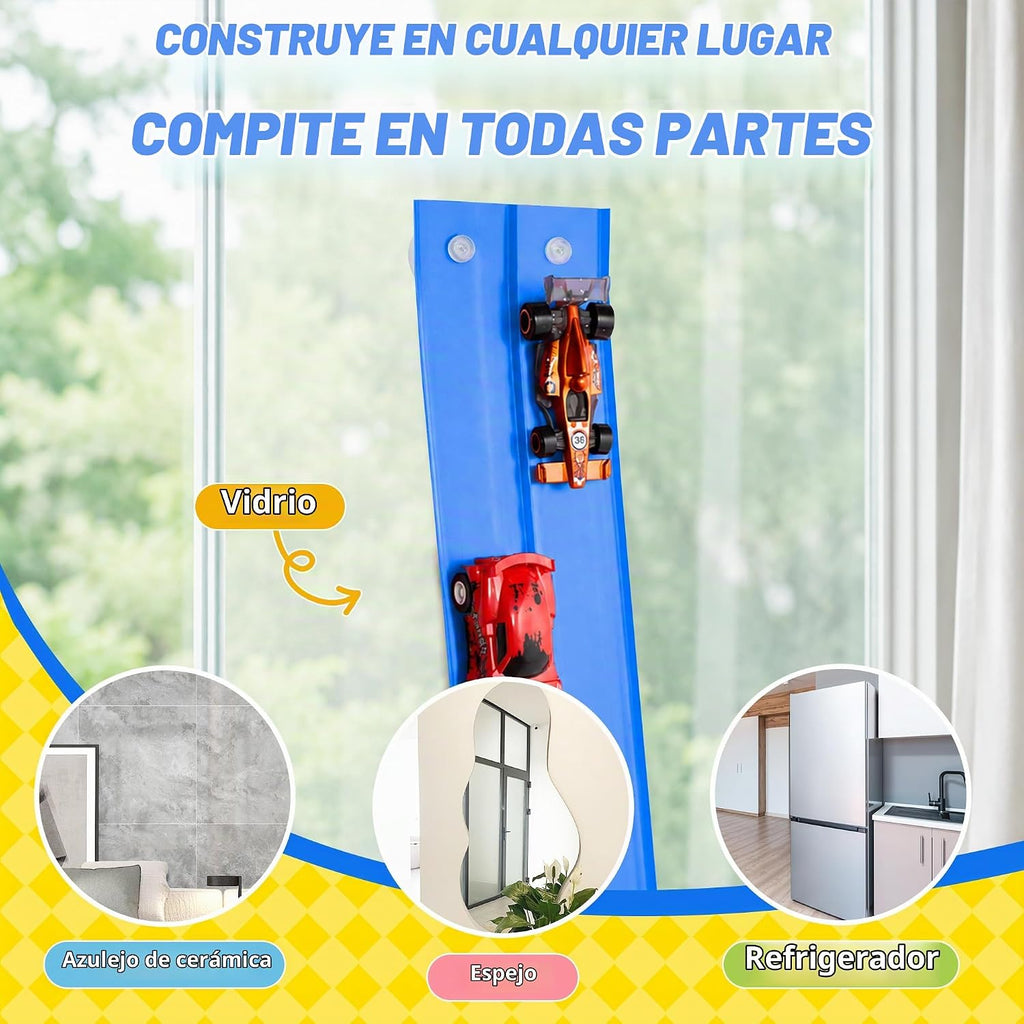 MINDNOOK Juego de pista de carreras flexible de 16 pies para niños, pista de carreras portátil enrollable con 4 autos y ventosas, compatible con autos de juguete fundidos a presión 1:64, regalo para niños y niñas de 4 a 12 años