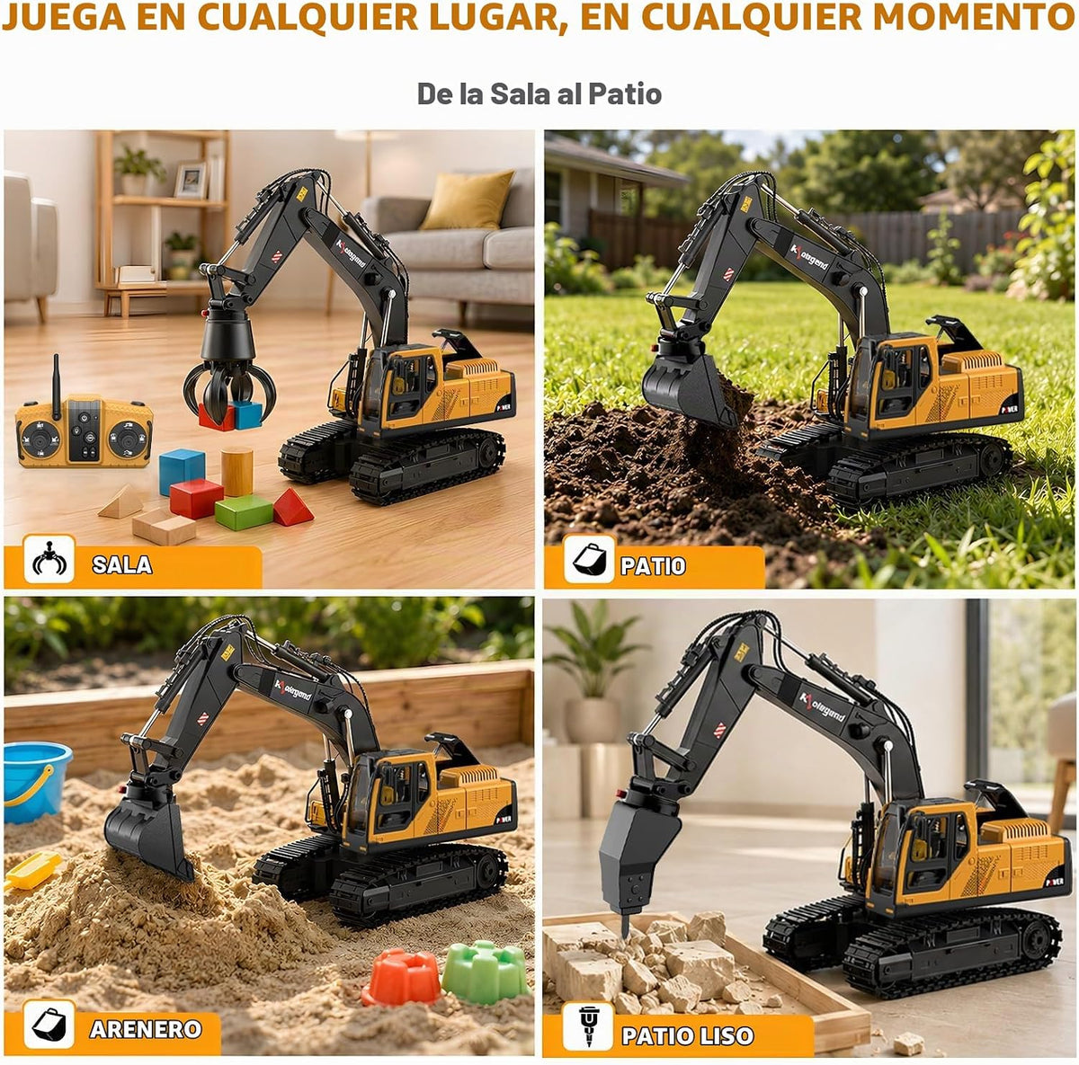 Juguete de excavadora a control remoto 3 en 1 de 14 canales, juguete de excavadora RC para niños de 3 a 12 años con cubo, garra, taladro de 2.4 GHz, vehículos de construcción completamente funcionales, juguetes de regalo para niños de 6, 7, 8, 9, 10 años