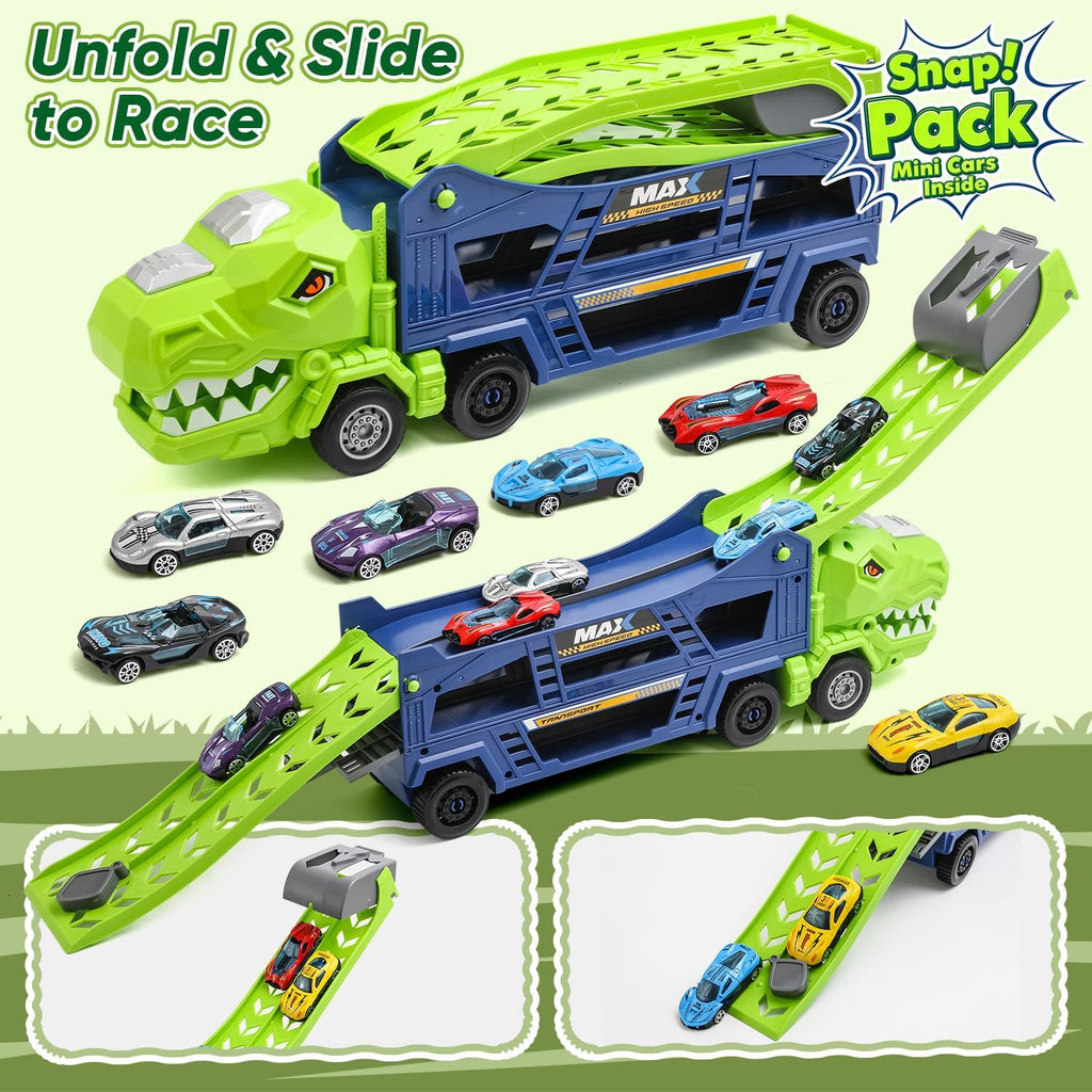 Camión de dinosaurio, camión de dinosaurio, transportador de carreras, pista de carreras con 6 autos fundidos a presión, camión 3 en 1 con 2 pistas de carreras plegables, regalos de cumpleaños