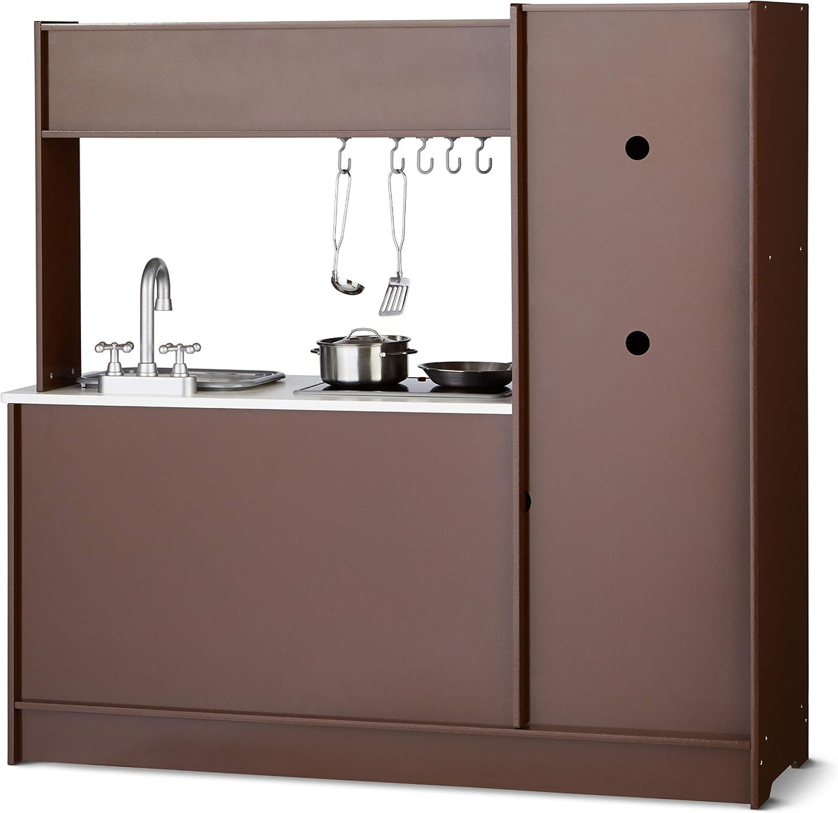 Amazon Basics - Juego de cocina vertical de madera para niños con estufa, horno, fregadero, refrigerador y accesorios, para niños pequeños, preescolares, niños de 3+ años, color espresso/gris