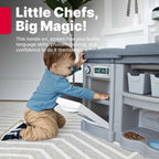 Step2 Fun with Friends - Juego de cocina para niños, cocina para interiores y exteriores con luces y sonidos, plástico duradero, accesorios de juguete de 25 piezas, niños pequeños de 2 años en adelante, gris