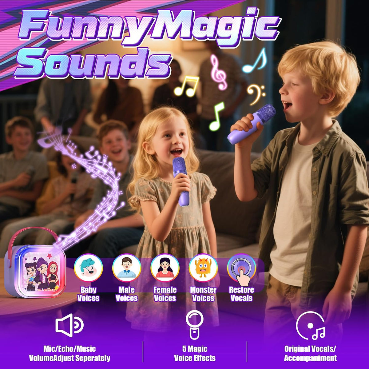 Mini máquina de karaoke para niños, 5 efectos de voz, altavoz Bluetooth portátil con 2 micrófonos inalámbricos, luces LED para niños y niñas de 3 a 12 años, máquina de karaoke para niños, juguete de