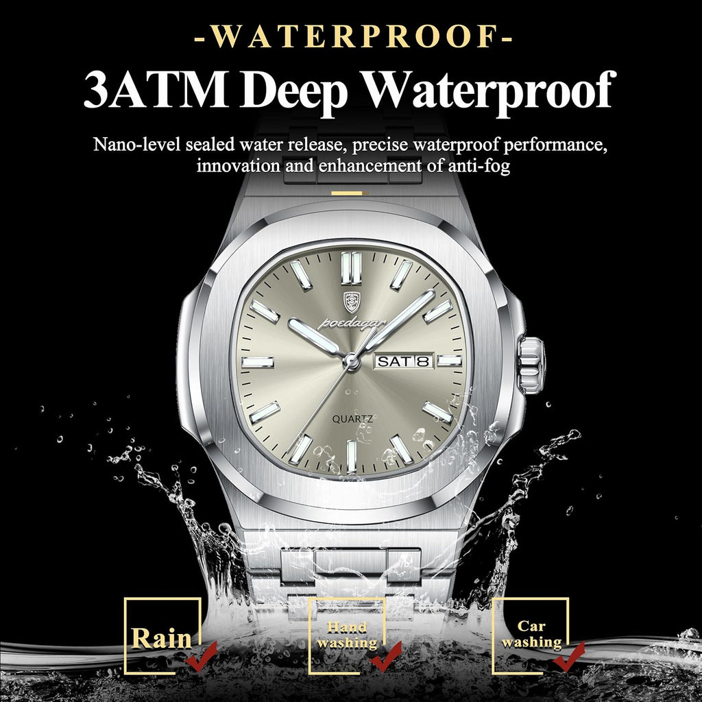 Poedagar Relojes de cuarzo para hombre, de moda, cuadrado, clásico, impermeable, luminoso, fecha, semana, acero inoxidable, reloj de pulsera para hombre