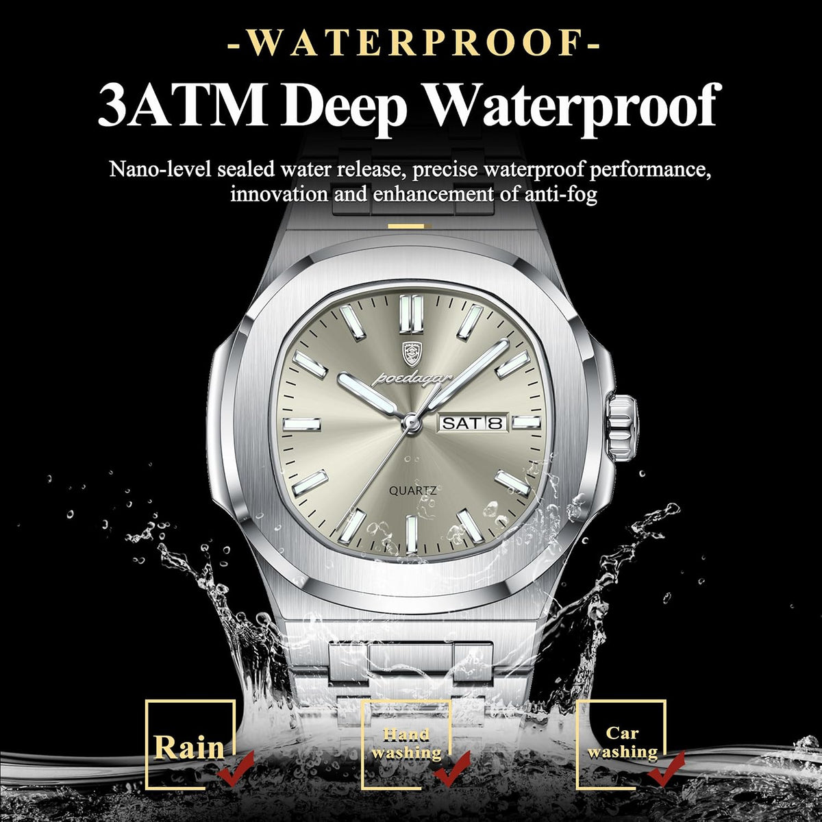 Poedagar Relojes de cuarzo para hombre, de moda, cuadrado, clásico, impermeable, luminoso, fecha, semana, acero inoxidable, reloj de pulsera para hombre