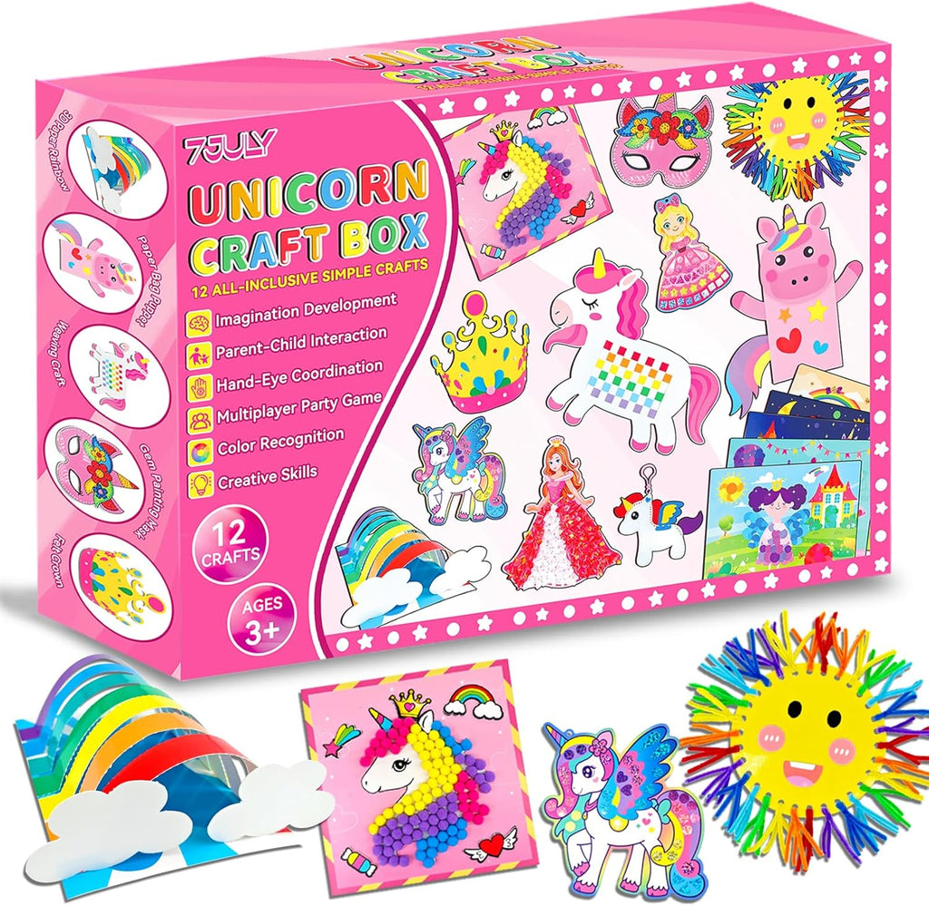 7july Caja de manualidades de unicornio, 12 divertidas artes y manualidades para niños de 4 a 8 años, juguetes creativos educativos, proyectos de arte y manualidades y kit de actividades con suministros, regalo para niñas de 3, 4, 5, 6, 7, 8 años