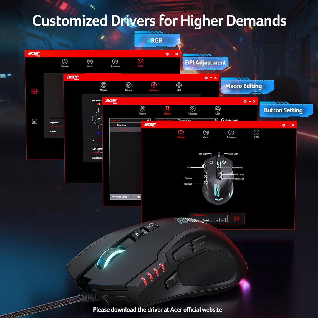 acer Ratón para juegos con cable, mouse ergonómico RGB de 12,800 DP...