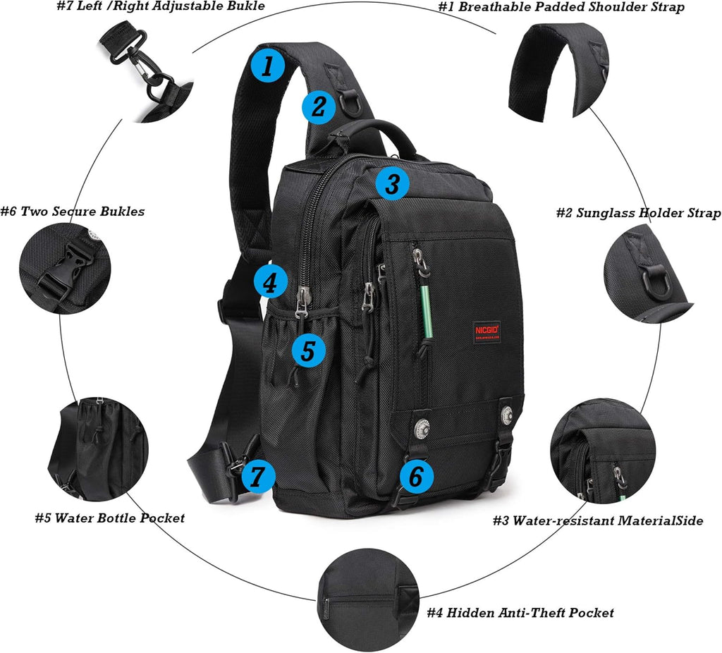 NICGID Bandoleras de hombro en el pecho, mochila para laptop, bolsa de mensajero cruzada para viajes al aire libre, hombres y mujeres