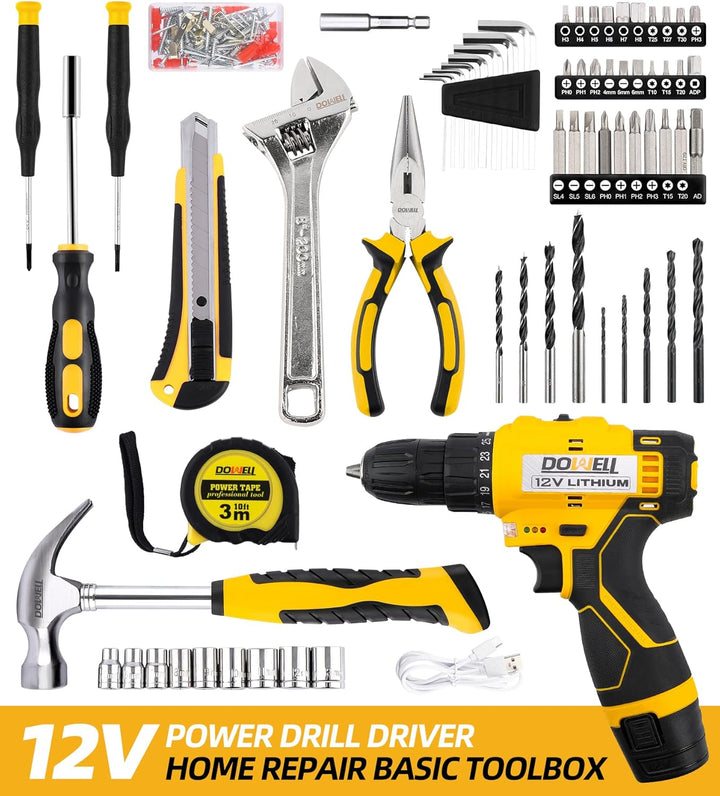 DOWELL Kit de herramientas de 147 piezas con taladro inalámbrico de...