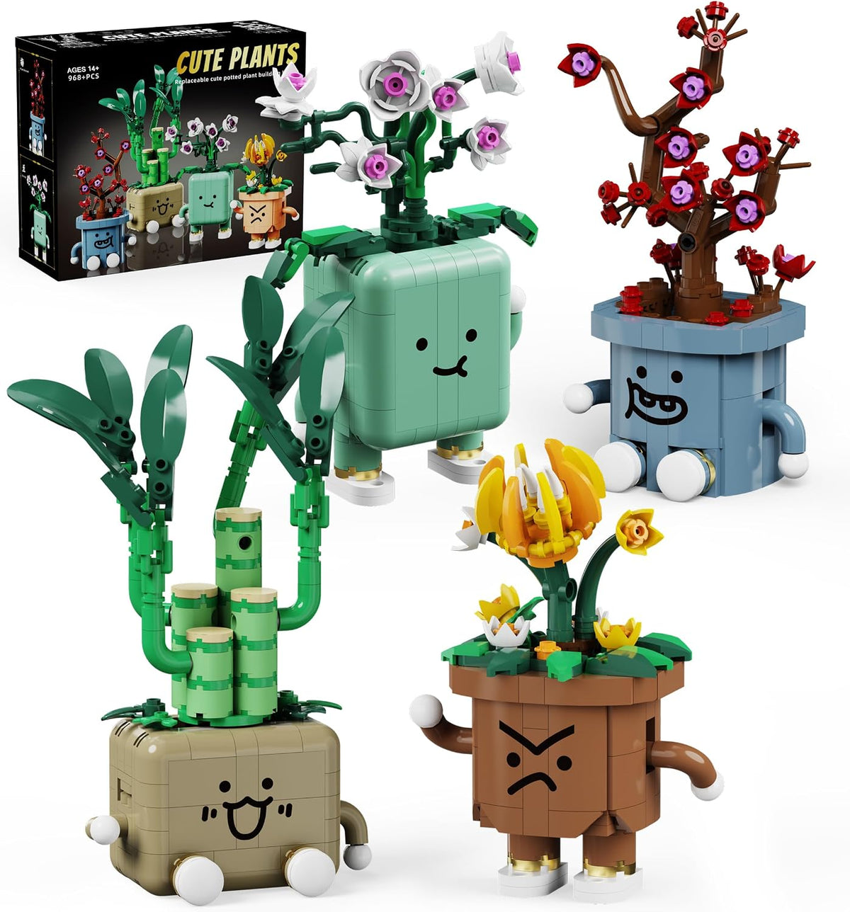 Juego de 4 botánicos de plantas felices, 968 piezas, colección botánica de flores, juguetes de construcción para el hogar, oficina, Navidad, cumpleaños