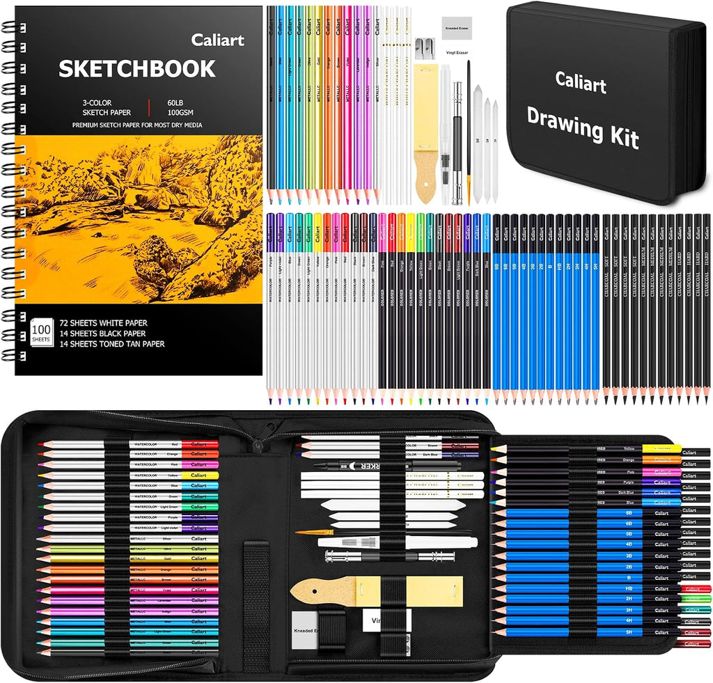 Caliart Kit de bocetos de 176 piezas, 100 hojas de 3 colores