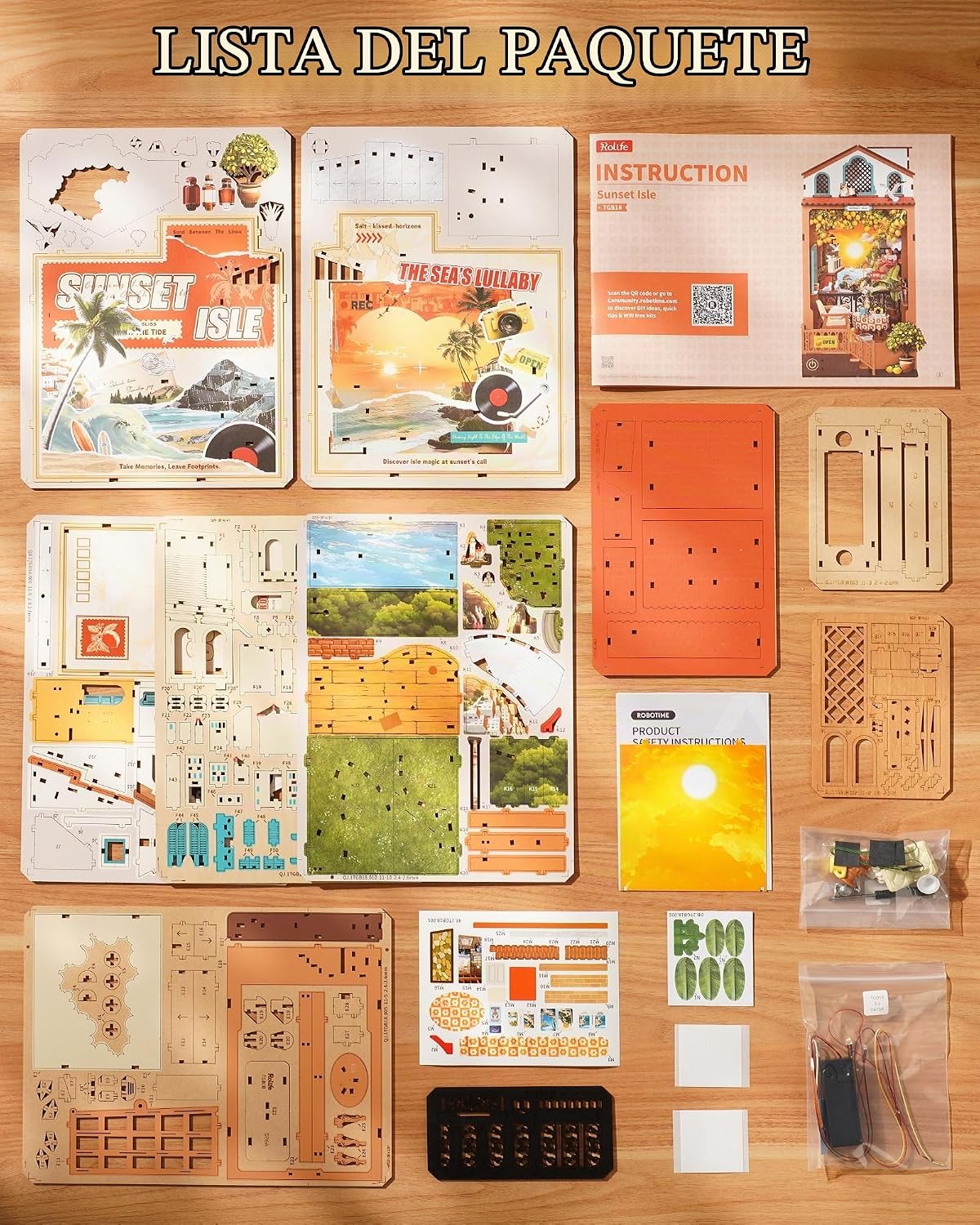 Rolife Kit de rincón de libros para bricolaje, Isla del atardecer, rompecabezas 3D con temática costera de puesta de sol, kit de casa en miniatura, árbol de limón y decoración de vista al mar para