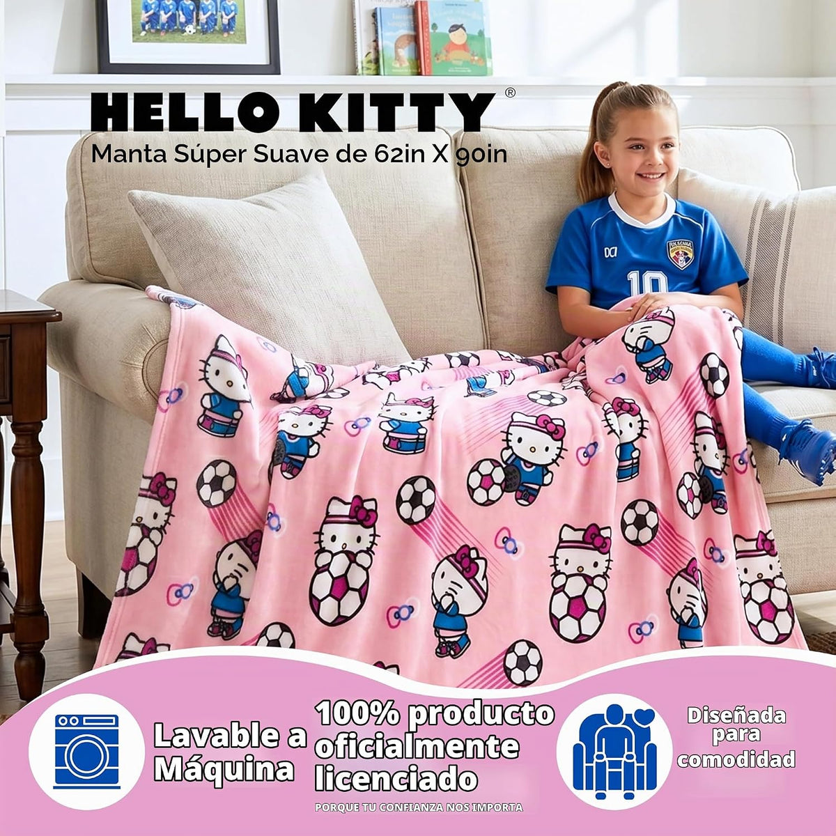 Hello Kitty Manta de fútbol para niños, 90 x 62 pulgadas, manta de felpa suave para sofá, cama o eventos deportivos, torneo mundial 2026 (producto oficial) por Franco