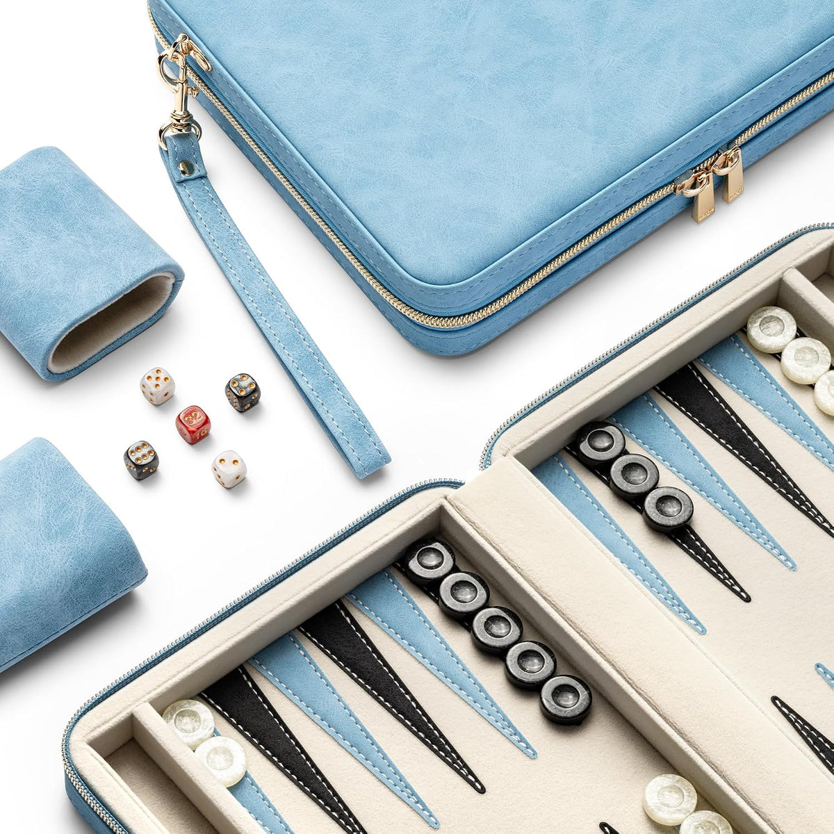 Juegos de backgammon para adultos y niños, tablero clásico de backgammon con dados de damas únicos, funda plegable de piel sintética de backgammon para backgammon (color azul)