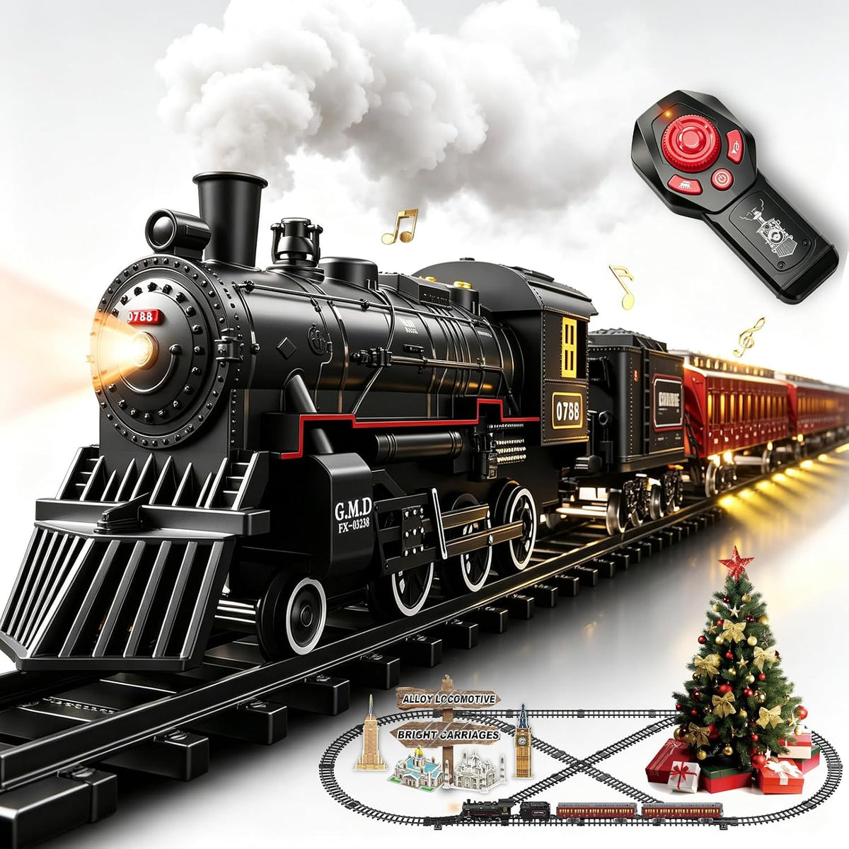 Juego de tren eléctrico con control remoto para niños, aleación de metal, juguetes de tren de Navidad, locomotora de vapor, vagones de pasajeros, pistas de lujo, luces y sonidos, recargable, regalos