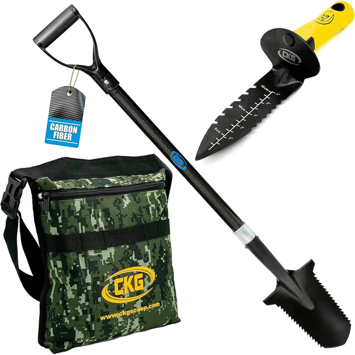 Juego de detección de metales de carbono - pala, pala de mano, herramienta de excavación, bolsa - palas ligeras y duraderas para caza de tesoros, juego