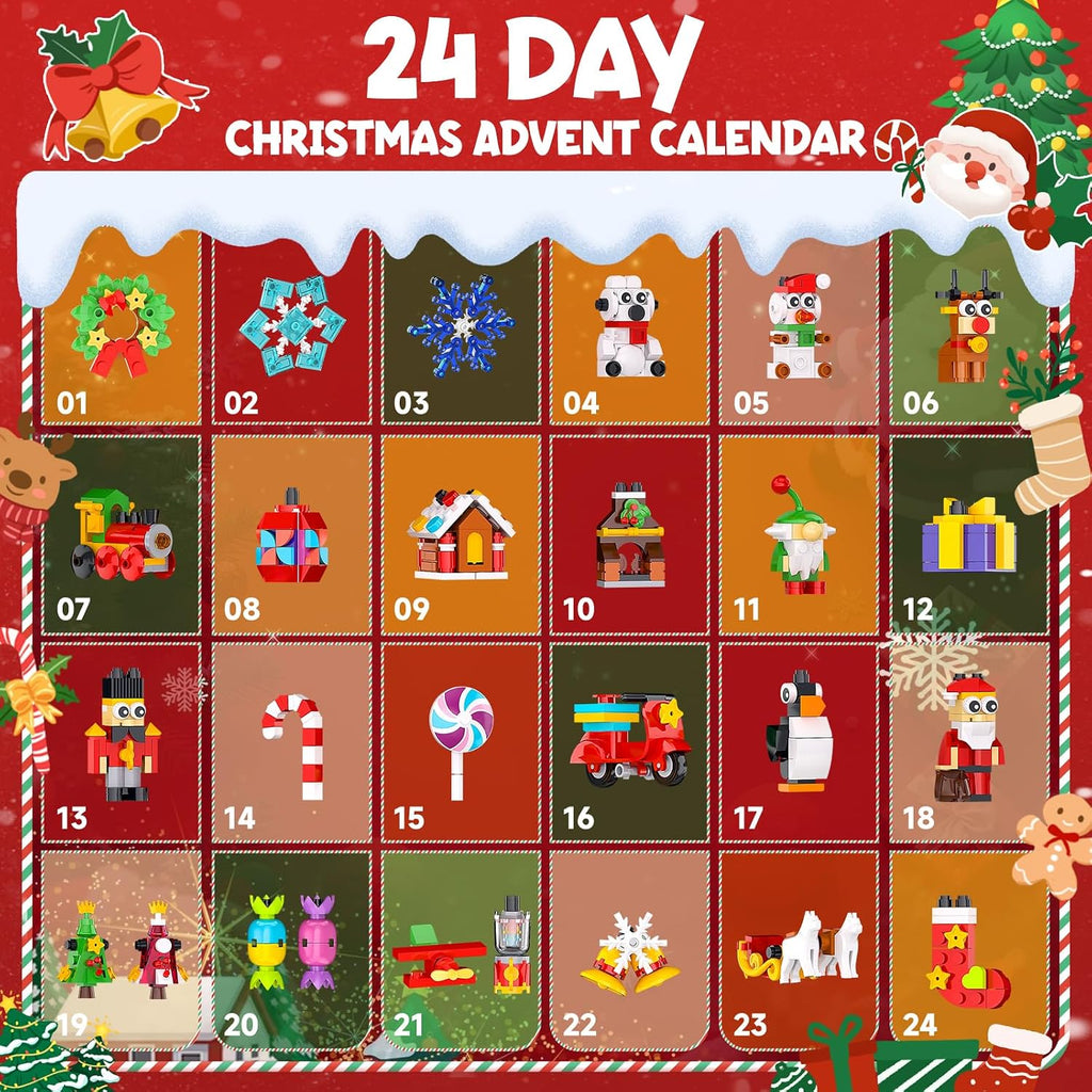 Calendario de Adviento de Navidad 2026, 24 paquetes de adornos de Navidad, kit de construcción de árbol de Navidad, Papá Noel, reno, pan de jengibre, pingüino, cascanueces/copos de nieve, regalos de Navidad para niños de 6 años en adelante