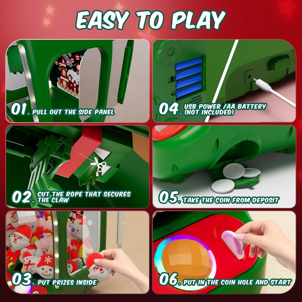 Skirfy Máquina de garras navideñas para niños, juguetes navideños para niñas de 6 años en adelante, mini máquina expendedora de juegos de arcade con juguetes de peluche y dispensador de dulces, máquina de juego de garras festivas, para niñas