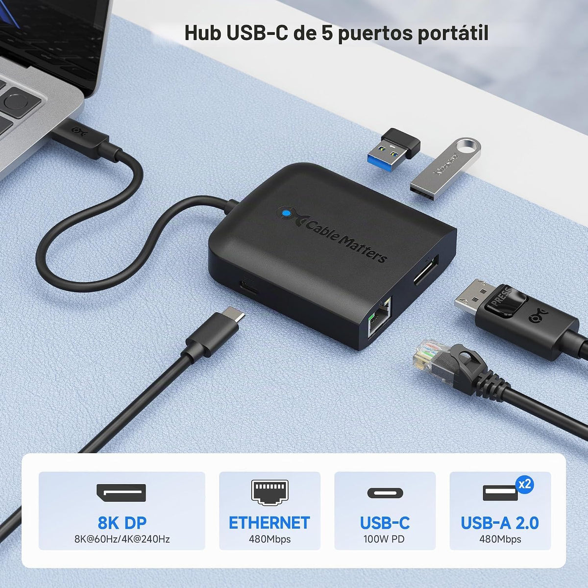 Cable Matters, 201046-BLK, hub USB 2.0 de 2 puertos, alimentado