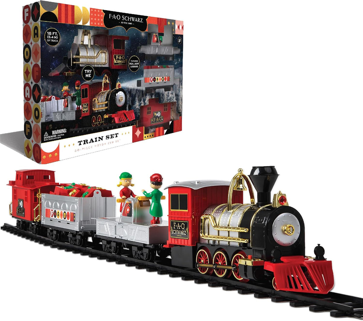 FAO Schwarz Juego de tren navideño motorizado de 30 piezas con pista de 18