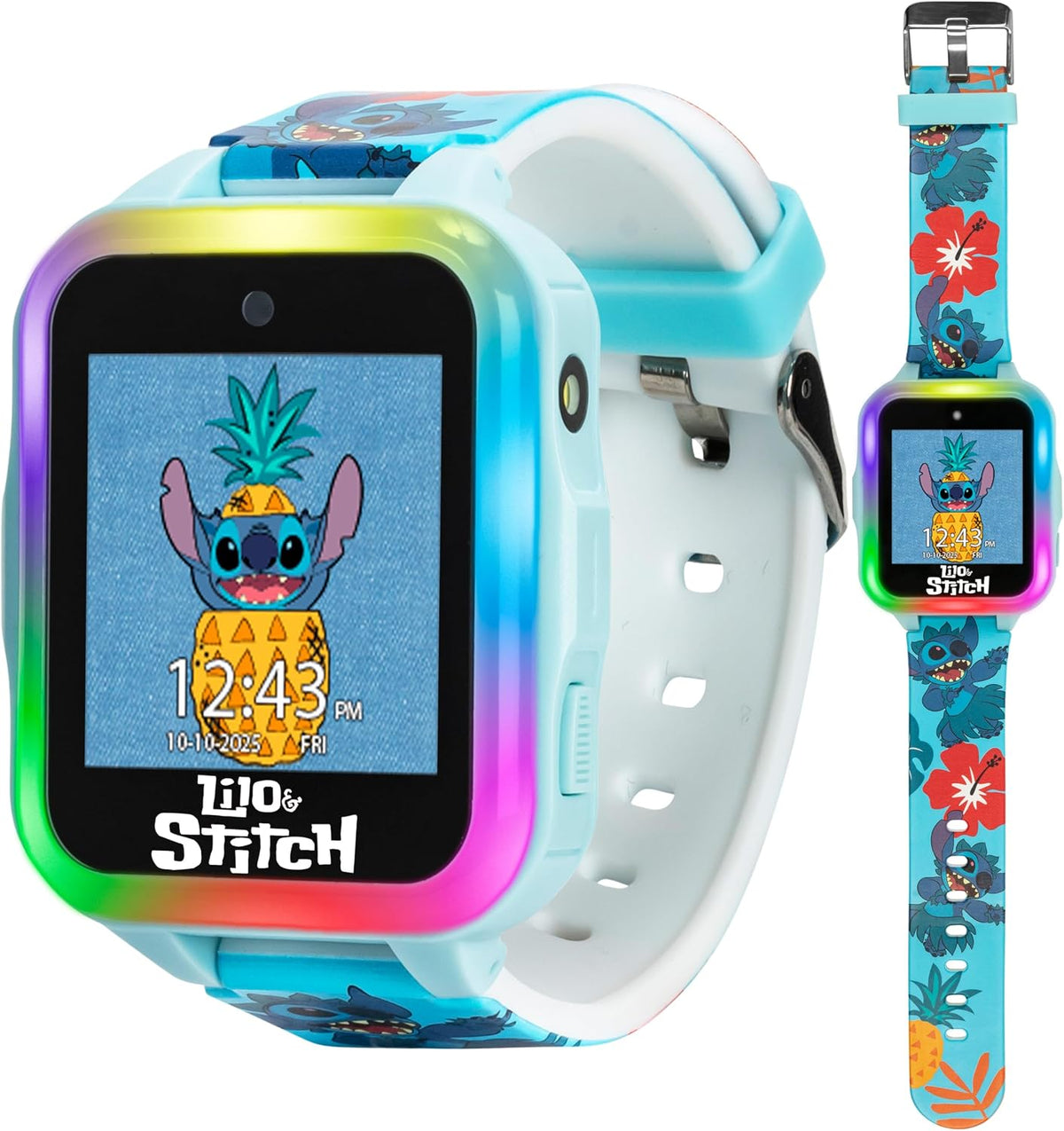 Disney Stitch - Reloj inteligente interactivo para niños con pantalla táctil, cámara, juegos, podómetro, grabadora de voz y alarma para niños y niñas a partir de 6 años, banda de personajes azul