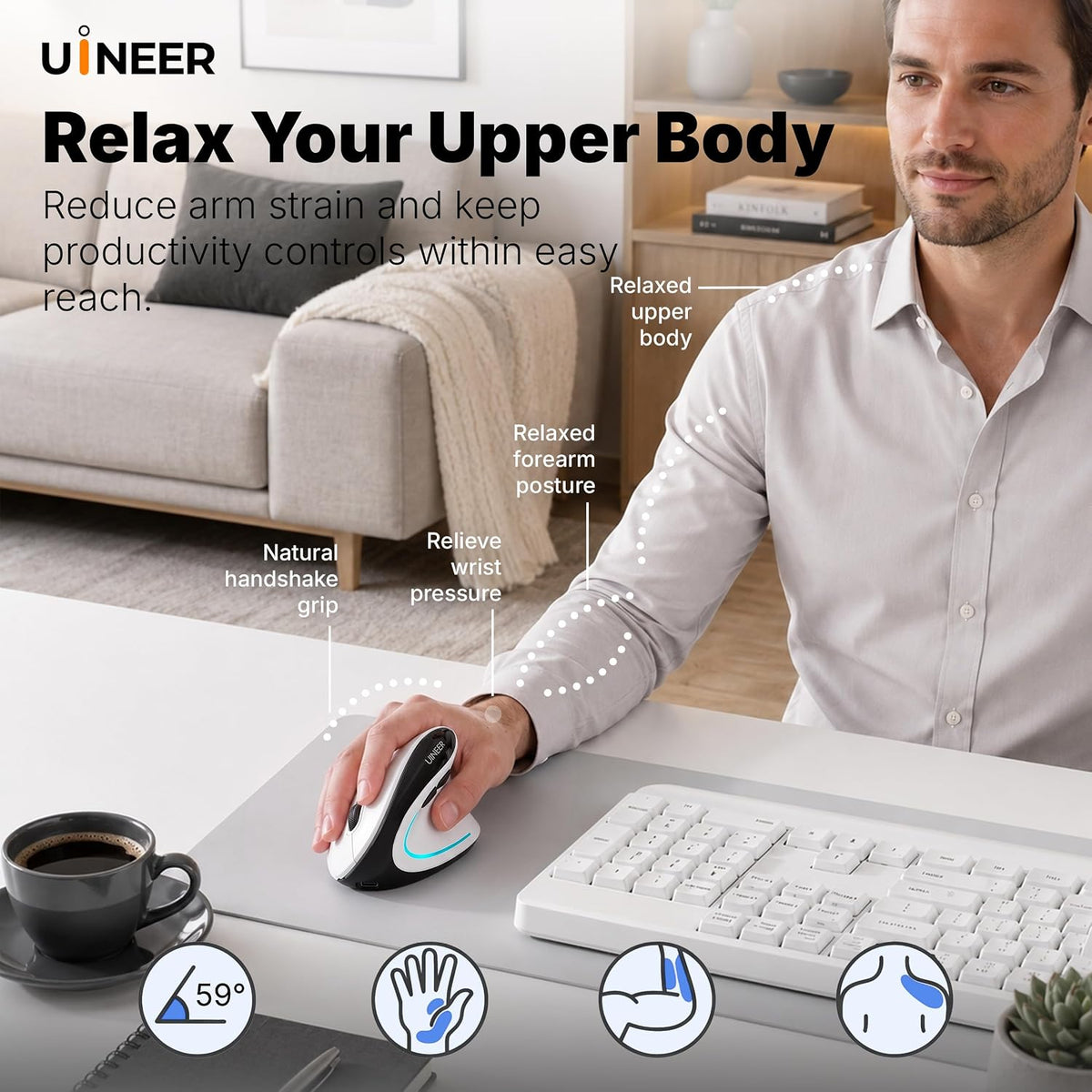 Uineer Ratón vertical inalámbrico ergonómico, 3 modos Bluetooth 5.0/4.0 y