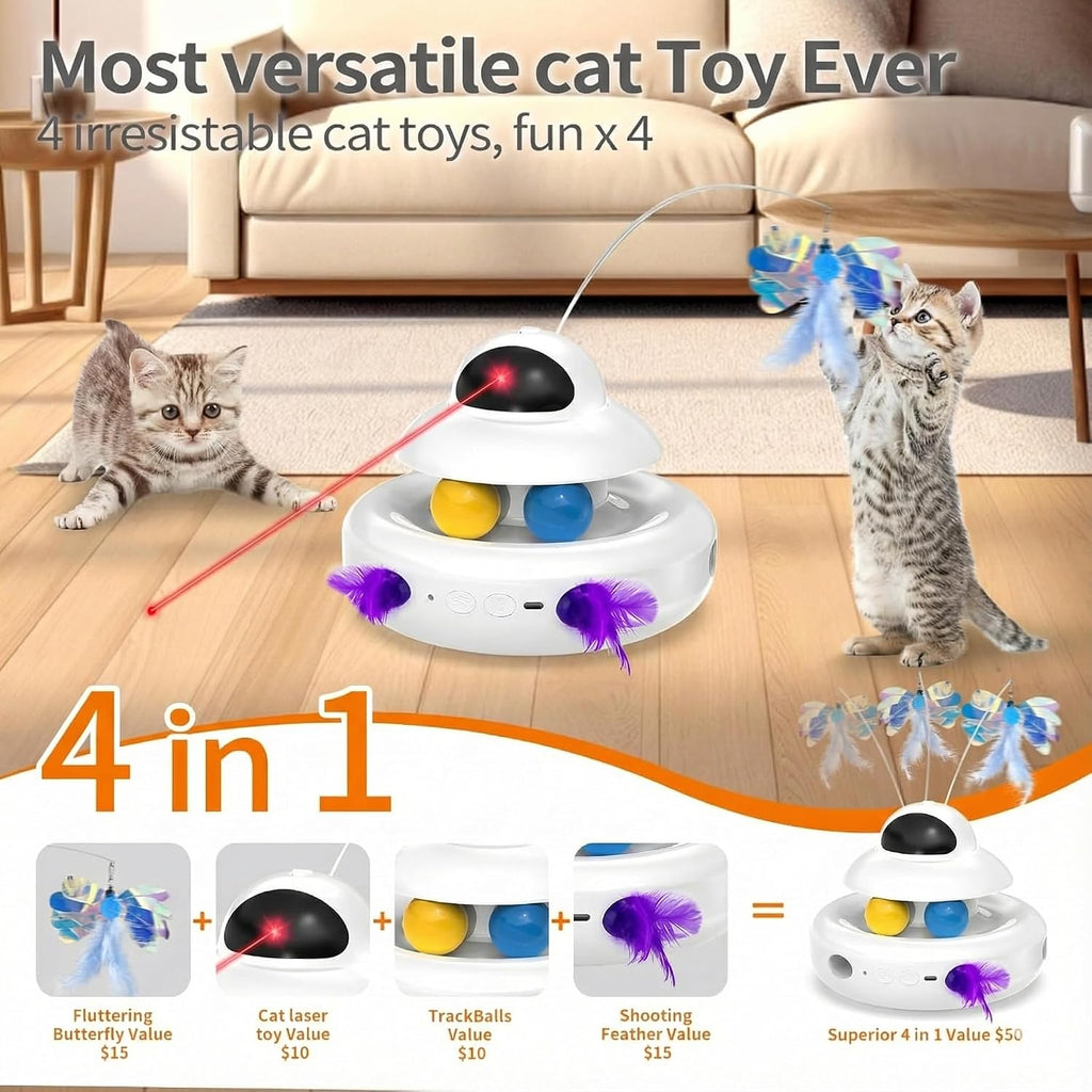 MOHAYA Juguetes para gatos, juguete interactivo 4 en 1 para gatos de interior con láser, mariposa aleteante, plumas en movimiento y bolas de pista, juguete para gatitos recargable por USB (blanco)