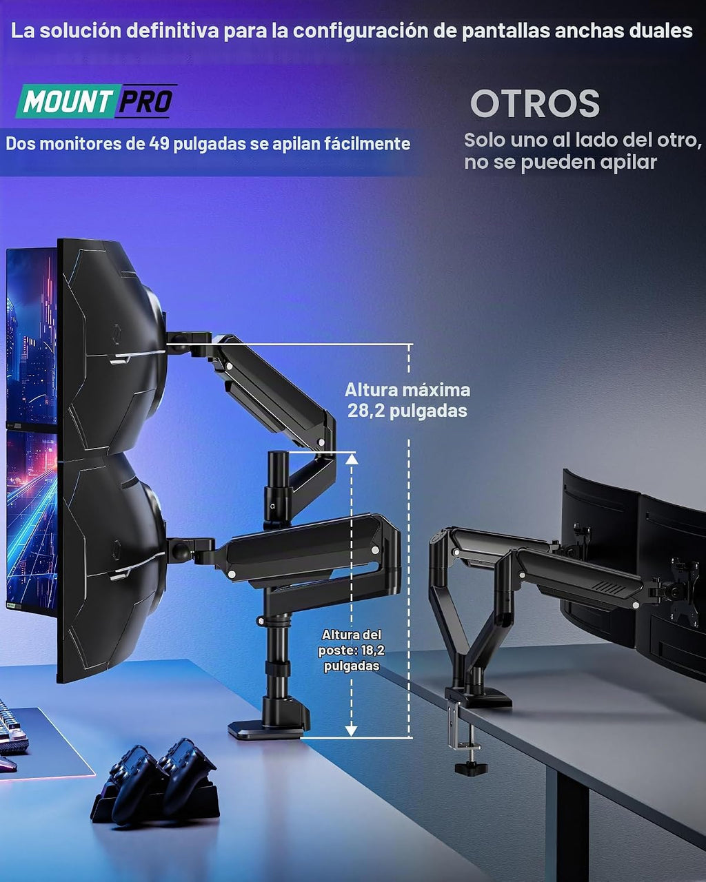 Brazo de monitor dual MOUNT PRO para pantallas ultraanchas de hasta 49" de