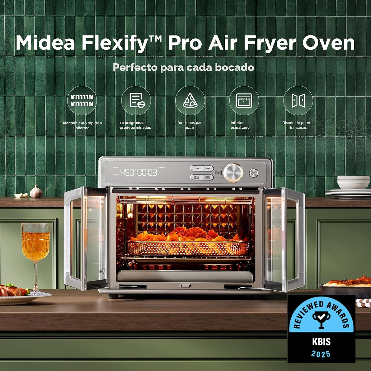 Midea Flexify Pro 10+4 Combo de Horno Tostador y Freidora de Aire, Cocción con Bloqueo Jugoso de Grafeno, Horno de Encimera con Puerta Francesa, Fritura de Aire Flash a 450°F, 26.4 Cuartos, Acero