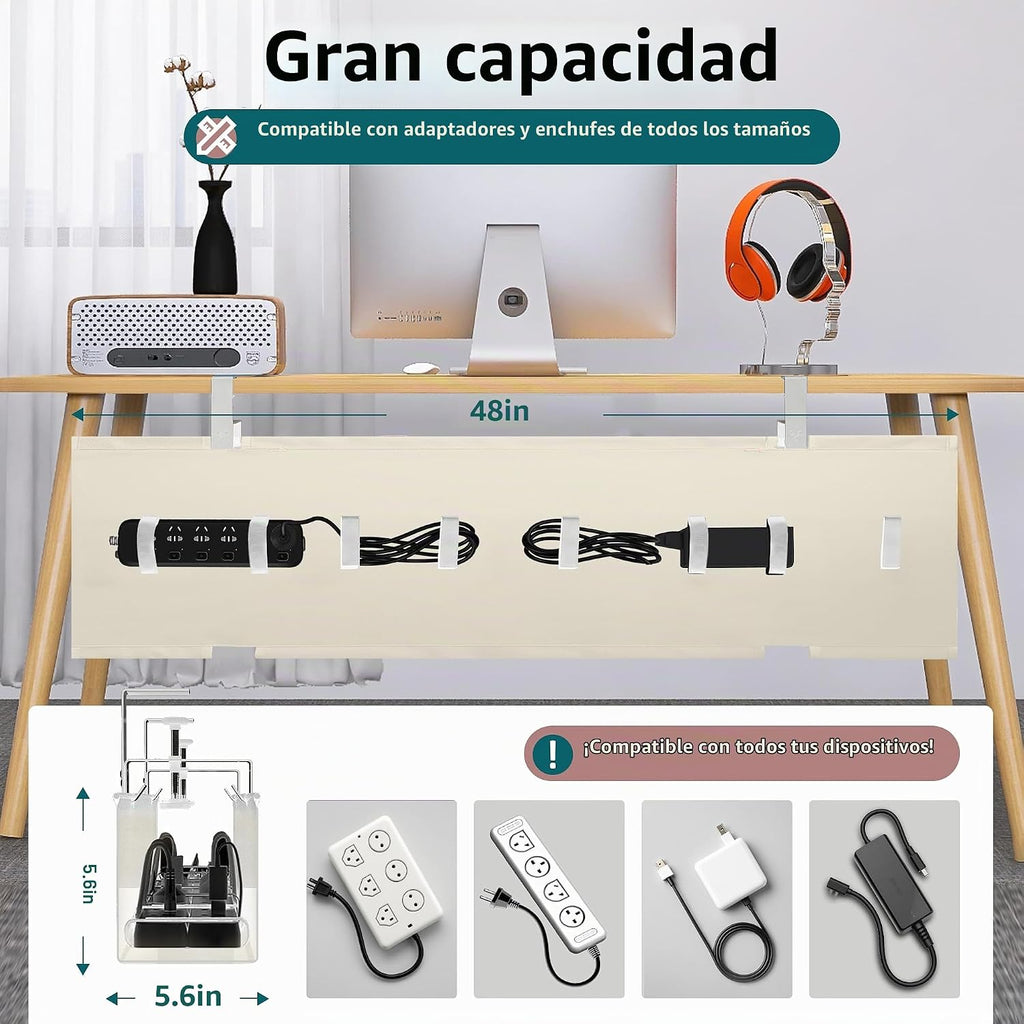 Bandeja extra grande de gestión de cables de 48" para debajo del escritorio, abrazadera sin taladro para ocultar cables, organizador de cables resistente anticaída, bandeja para cables para estudio y monitores duales (Beige, 47.8")