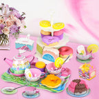 Juego de té para niñas pequeñas, 50 piezas de juguete de princesa para fiestas de té, incluye postre, galletas, dona, bandeja de tetera, pastel, mantel y funda de transporte, juego de