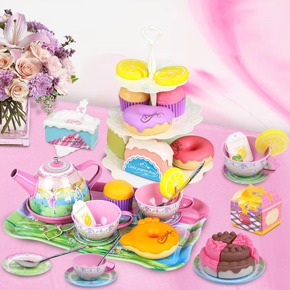 Juego de té para niñas pequeñas, 50 piezas de juguete de princesa para fiestas de té, incluye postre, galletas, dona, bandeja de tetera, pastel, mantel y funda de transporte, juego de