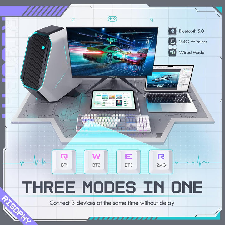Teclado mecánico inalámbrico, triple modo 2.4G\/USB-C\/Bluetooth pa...