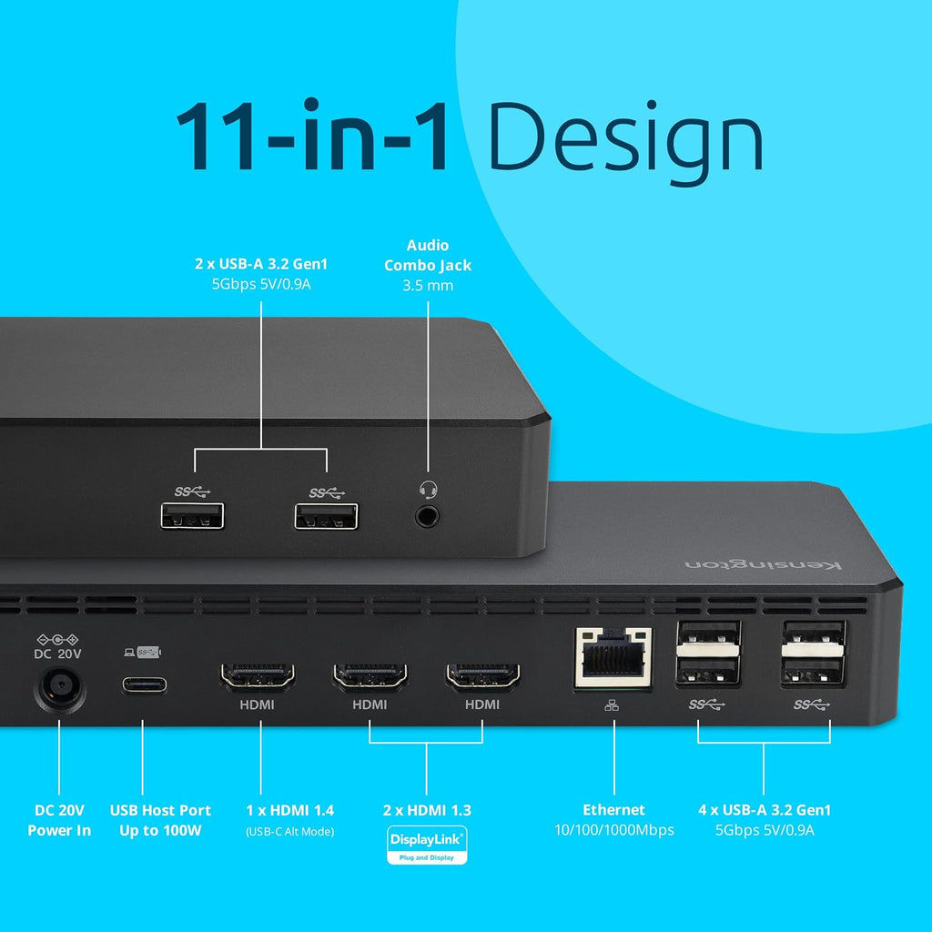 Kensington SD4760P Estación de Acoplamiento USB-C 11-en-1 con DisplayLink, Estación de Acoplamiento para Tres Monitores, 3xHDMI, Carga de 100W para Laptop, 6xUSB A, Ethernet, Audio, Requiere