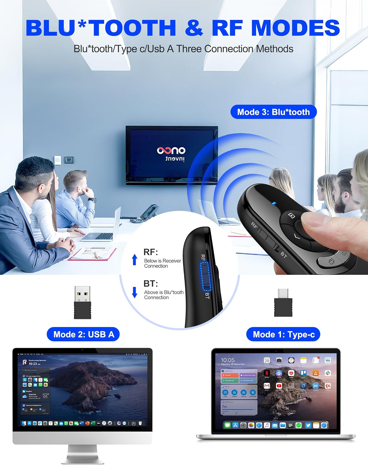 Controlador de Presentaciones Inalámbrico USB Tipo C, Presentador Remoto de Modos Dual BT y RF 2.4GHz para Presentaciones PowerPoint Compatible con Portátiles y Computadoras de Escritorio con Bluetooth